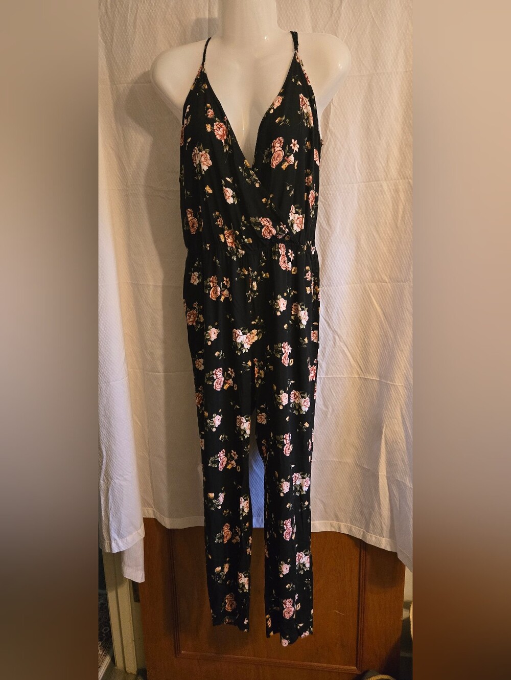 Forever 21 Black Floral Wrap Jumpsuit with Pink Rose Print